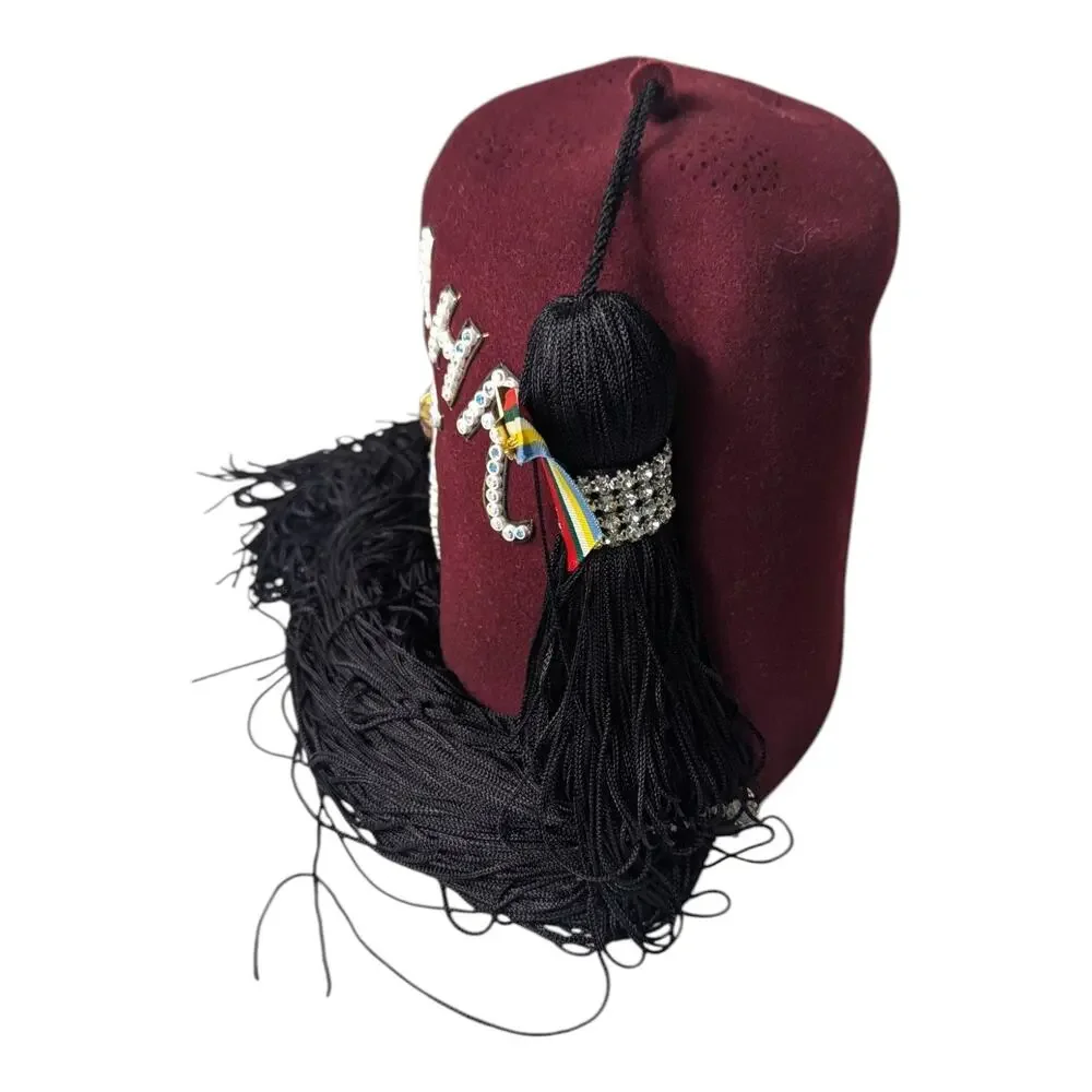 Shriner AL Bahr Masonic Wool Fez Hat Burgundy Jeweled (size 6 7/8) Vintage Mason